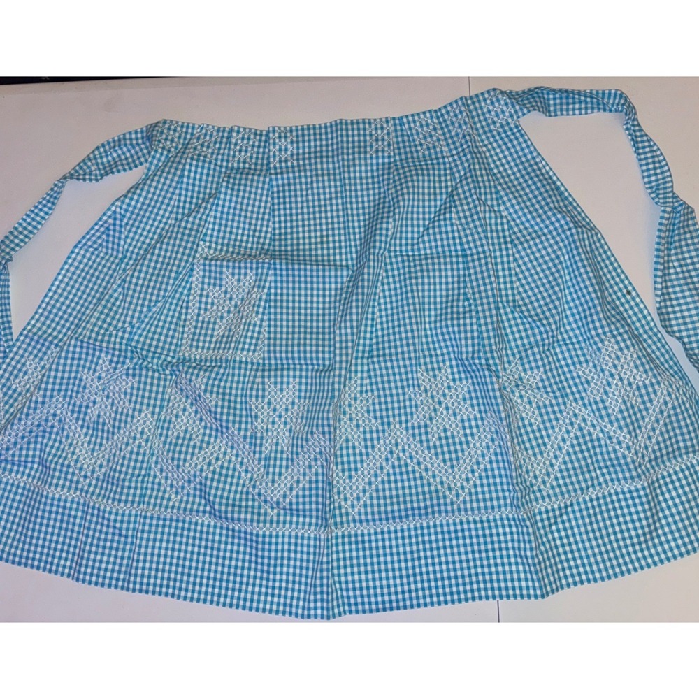 Gingham Half Apron Womens One Size Blue White Hand Embroidered Snowflake Retro